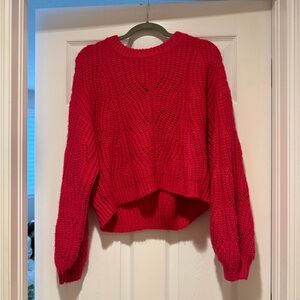 Cropped Cable Knit Crewneck Sweater in Red